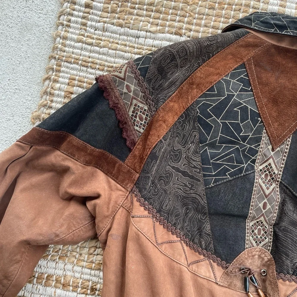 Vintage Winlit Leather Jacket Boho Patchwork Western Distressed Brown 90s - Picture 4 of 14
